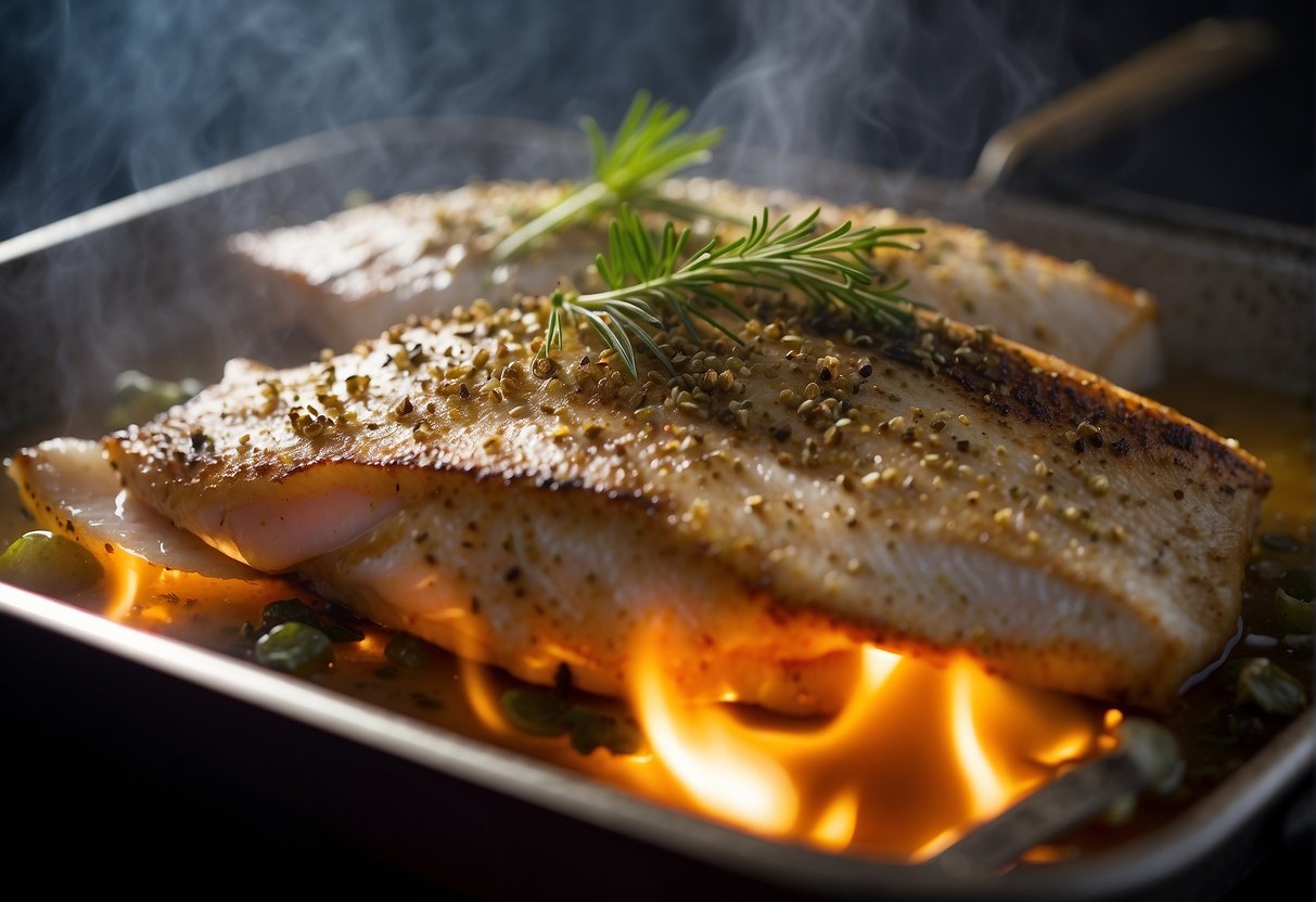 Fish sizzling in a hot pan with Chinese seasonings and herbs. Steam rising, golden brown crust forming