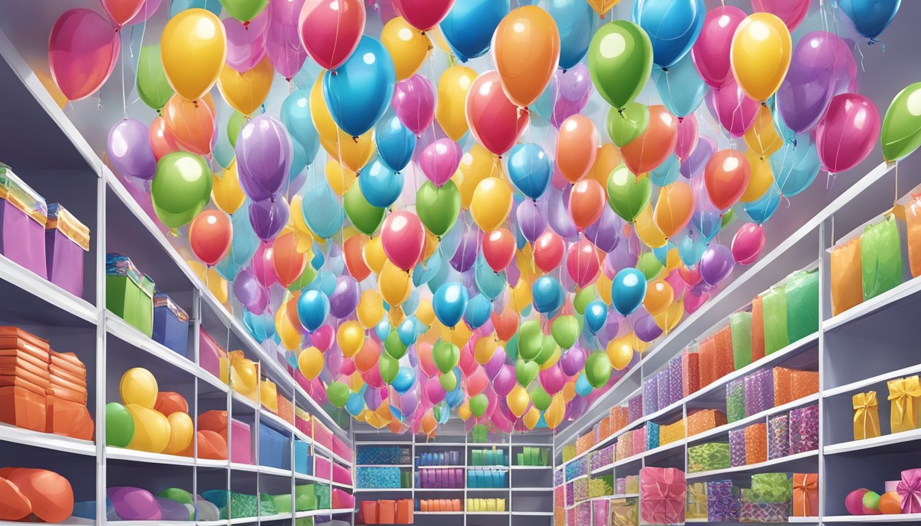 A colorful display of foil balloons in a Singaporean party supply store, with various shapes and sizes hanging from the ceiling and arranged on shelves
