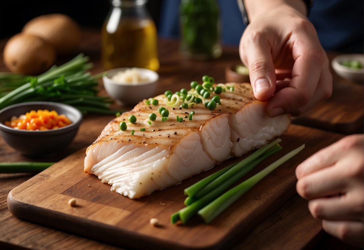 A hand reaches for a fresh cod fillet, surrounded by ingredients like soy sauce, ginger, and green onions, on a wooden cutting board