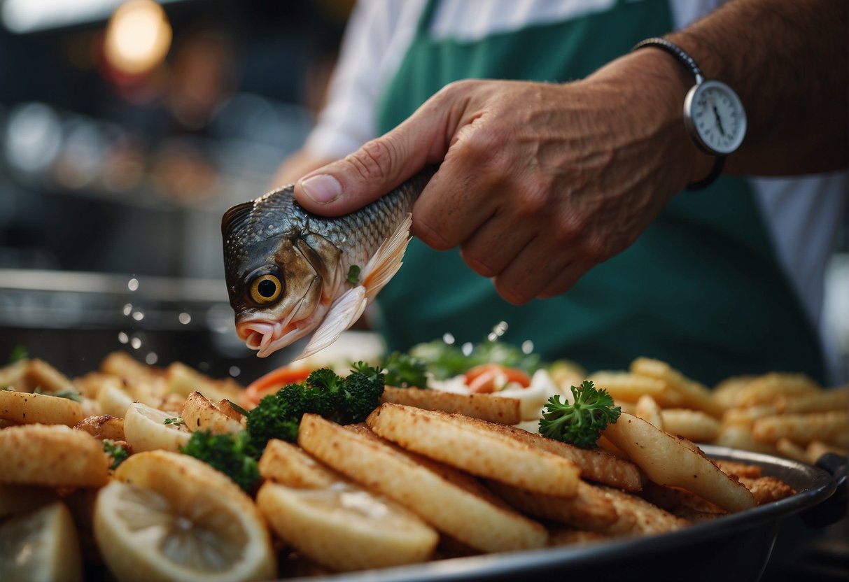 A hand reaches for a fresh fish at a bustling seafood market. The fishmonger expertly fillets the fish, then seasons and pan-fries it to perfection in a sizzling wok