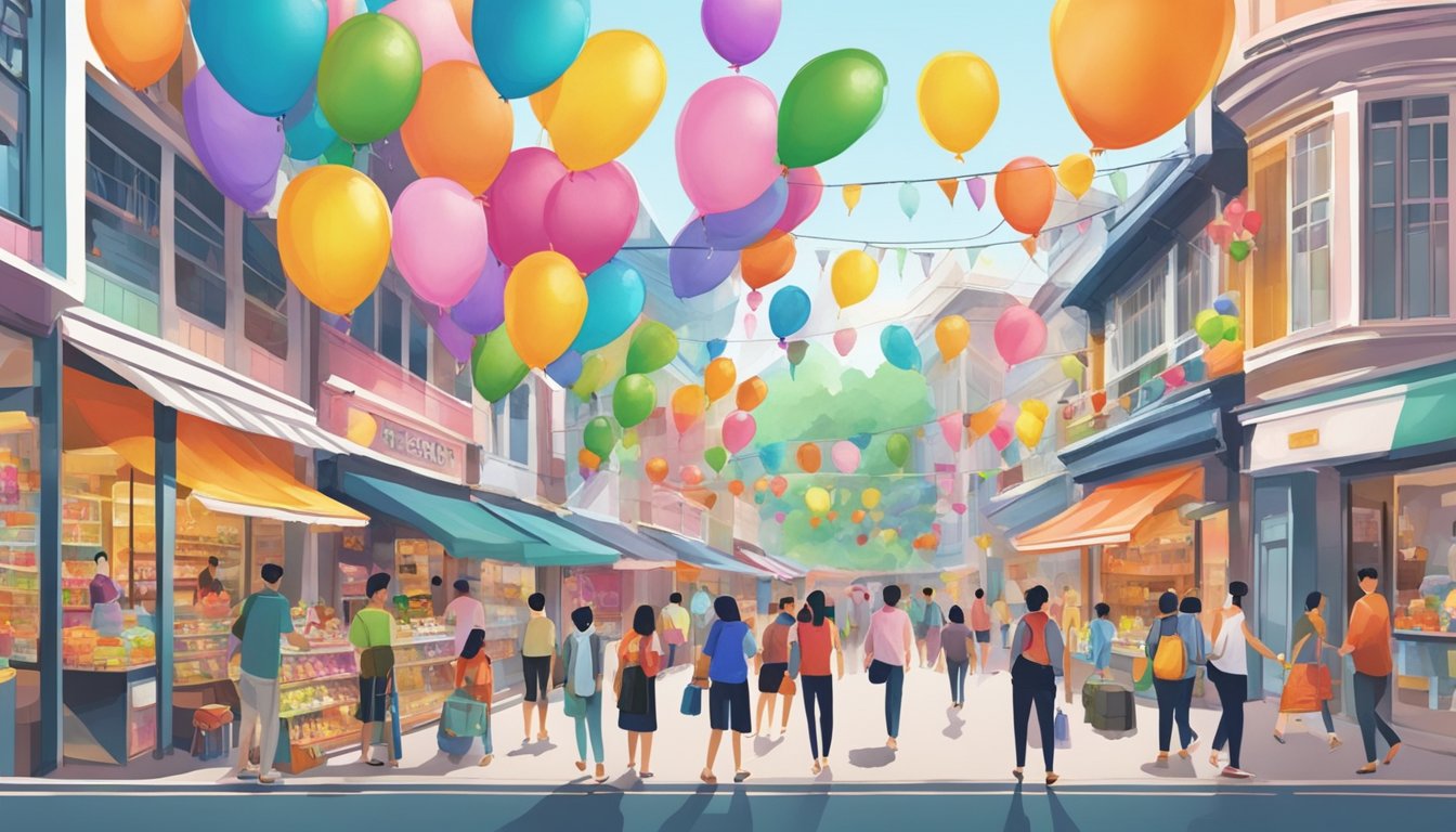 A bustling street in Singapore, with colorful storefronts displaying a variety of foil balloons in different shapes and sizes. Customers are seen browsing and admiring the vibrant selection