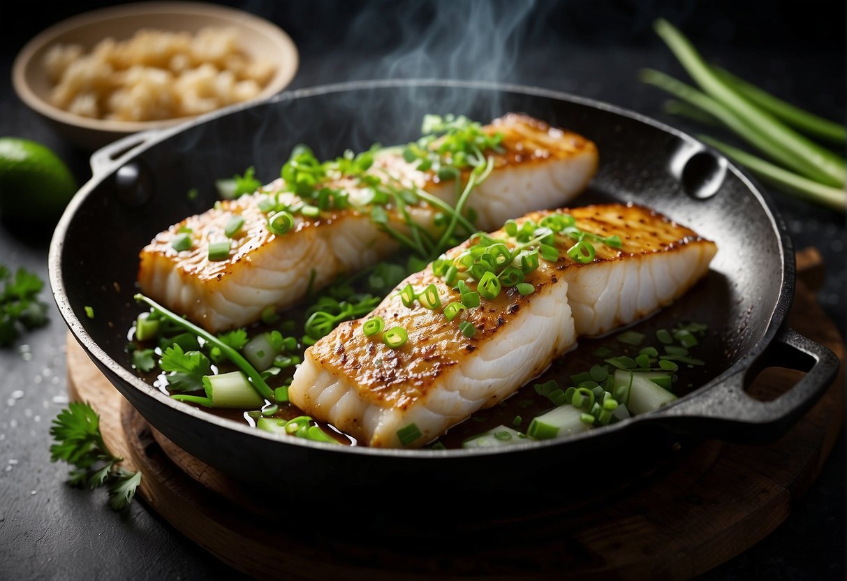 Pan fried cod sizzling in a hot wok with ginger, garlic, and soy sauce. Steam rising, fish turning golden brown. Green onions and cilantro sprinkled on top