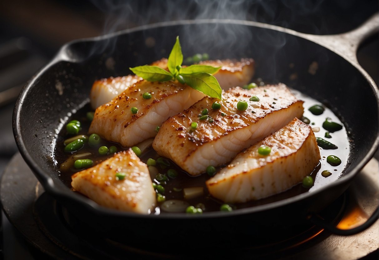 A skillet sizzles as a piece of cod fish is gently placed into hot oil, releasing a fragrant aroma. The fish is seasoned with soy sauce, ginger, and garlic, creating a mouthwatering dish