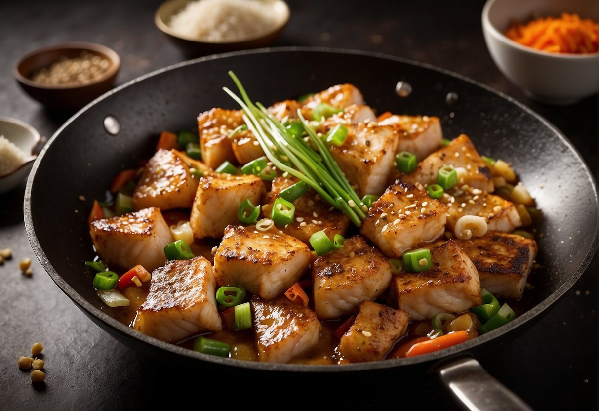 A wok sizzles with pan-fried fish, surrounded by essential Chinese seasonings and ingredients like ginger, garlic, soy sauce, and green onions