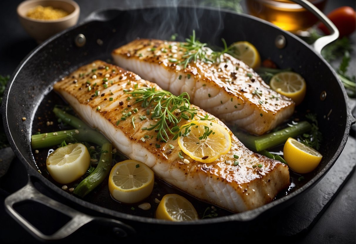 Cod fish sizzling in a hot pan with Chinese seasonings and herbs