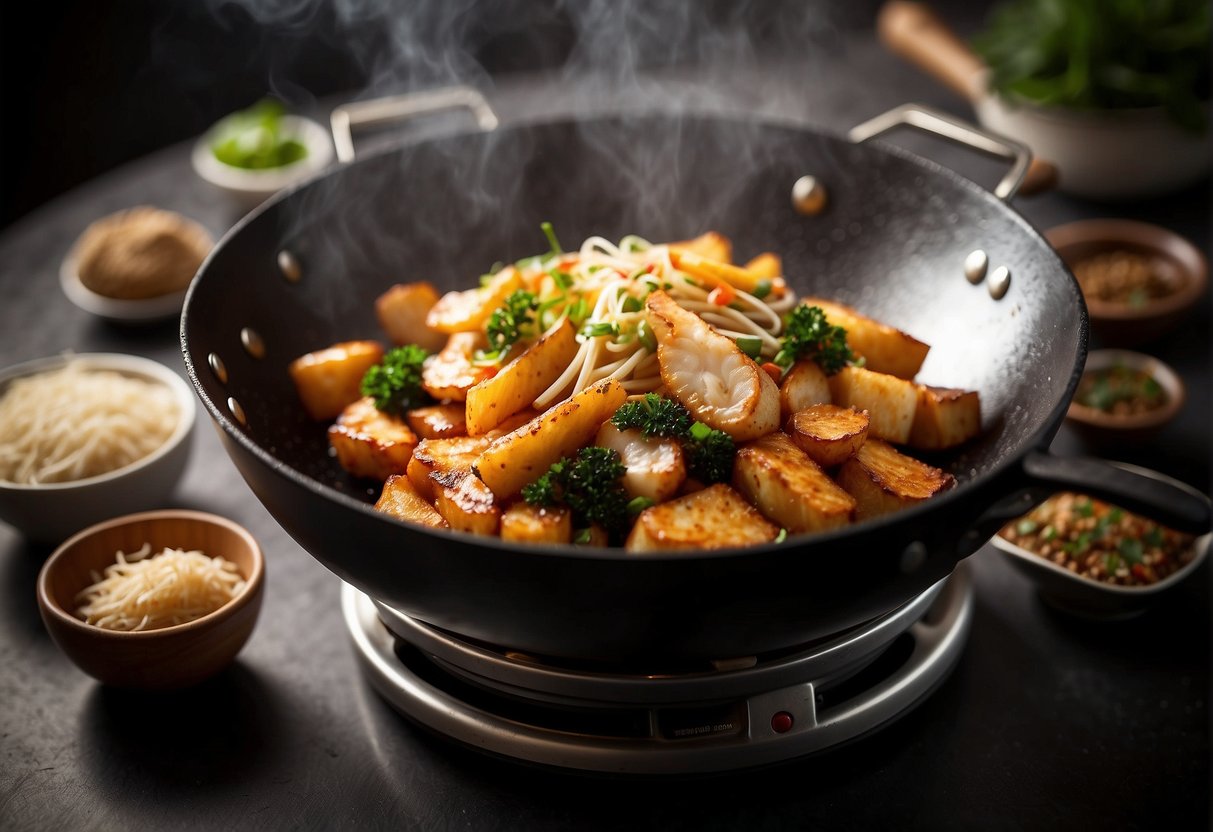A wok sizzles as a chef seasons and fries fish fillets. Ingredients like soy sauce and ginger sit nearby