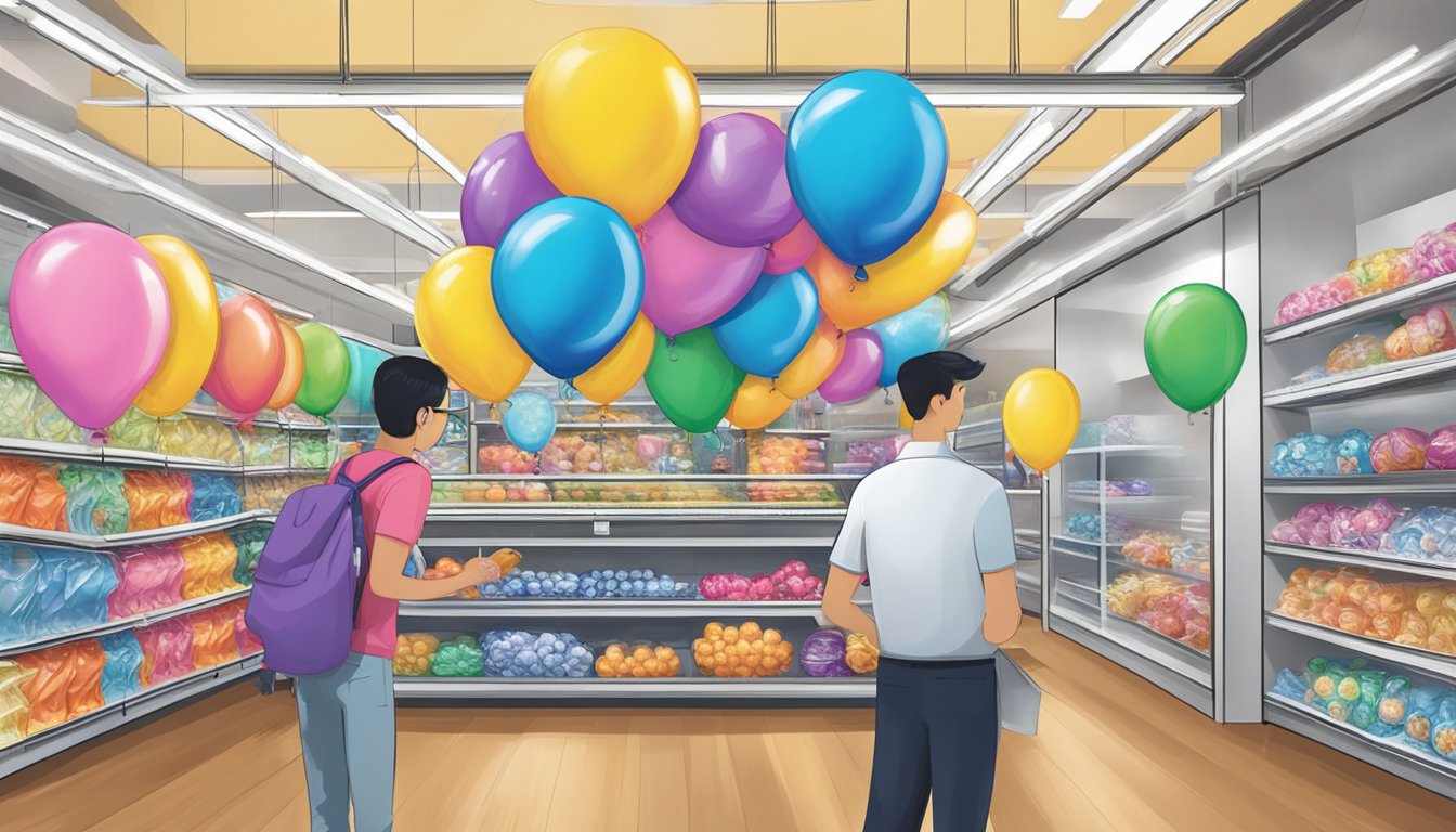 A customer selects from a variety of foil balloons at a Singapore store. Delivery options are displayed nearby