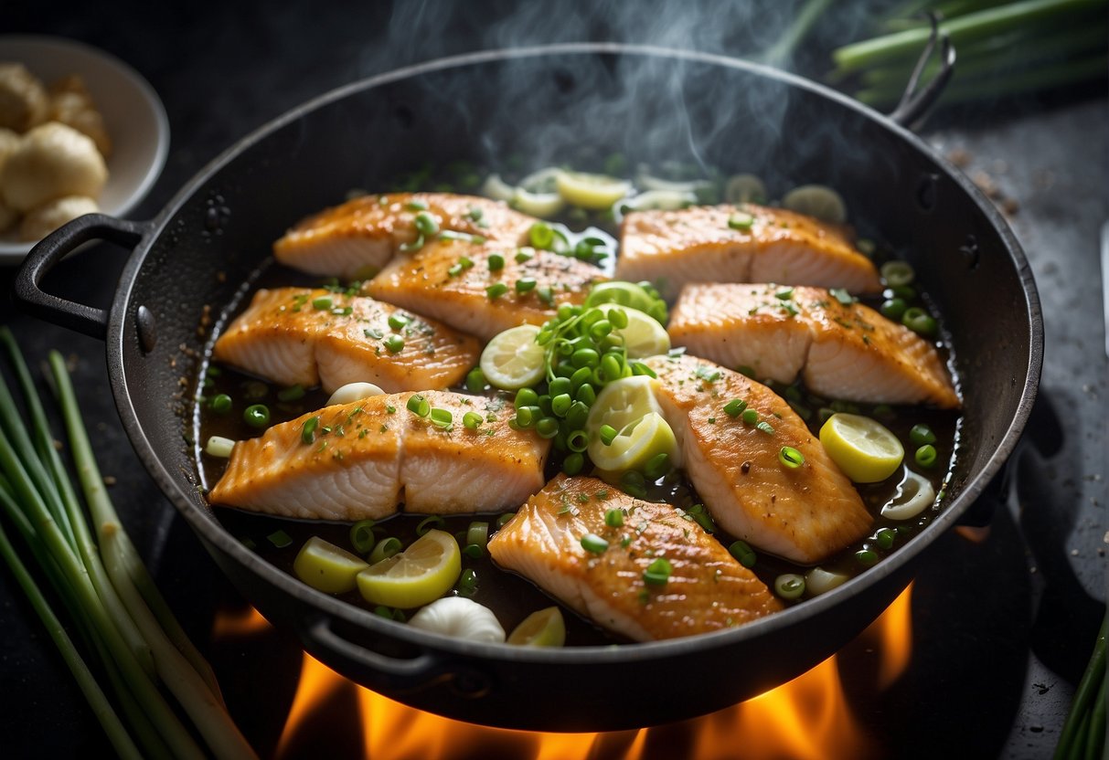 Fish sizzling in a hot pan with oil, surrounded by ginger, garlic, and green onions. Steam rises as the fish cooks, creating a mouthwatering aroma