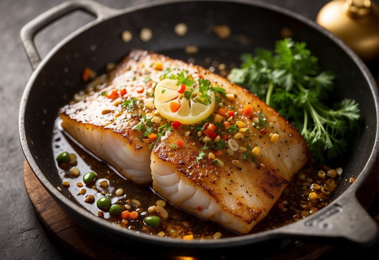 A sizzling cod fish fillet in a hot pan, surrounded by aromatic Chinese spices and herbs. The fish is golden brown and crispy on the outside, with a flaky and tender interior