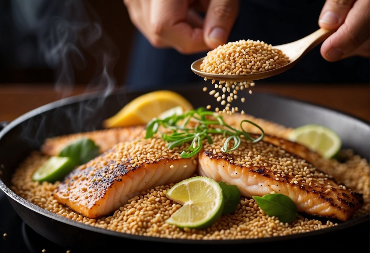 A hand sprinkles sesame seeds on golden brown fish in a sizzling pan, ready to be served