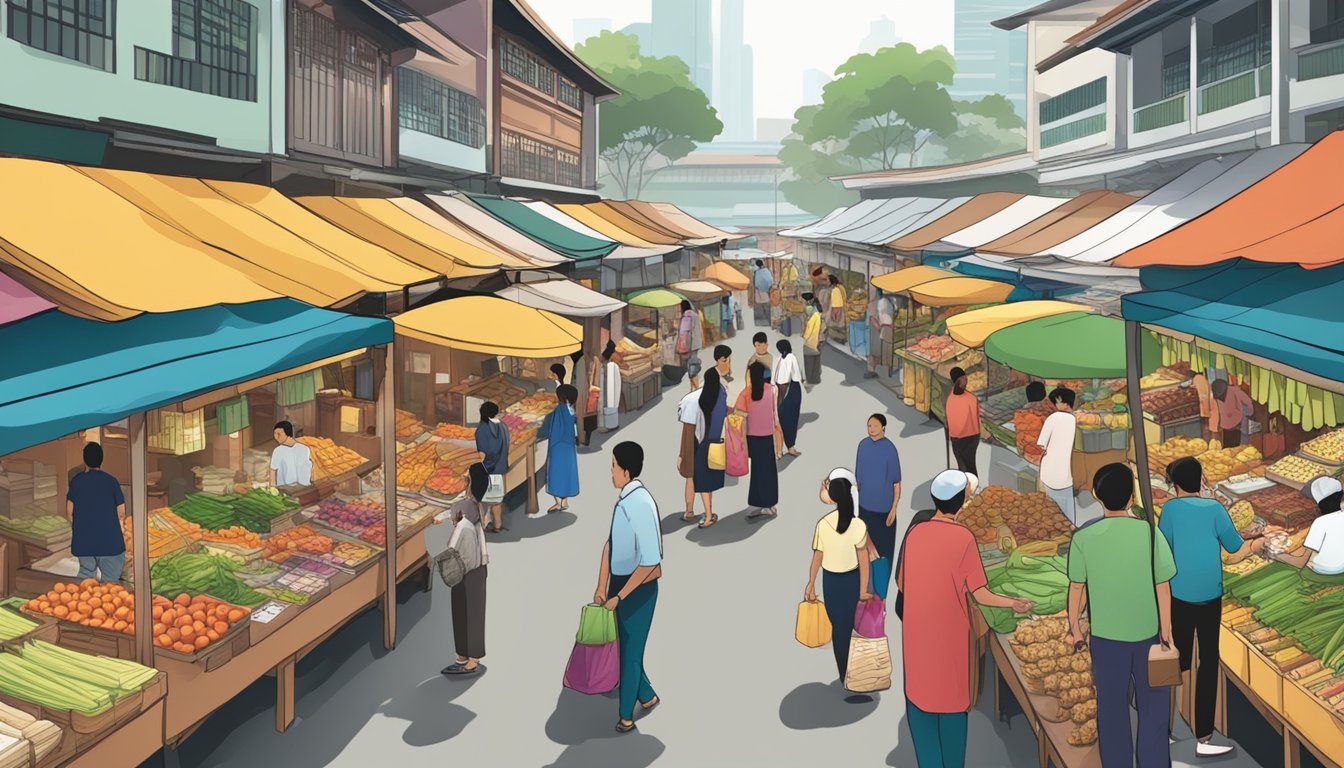 A bustling marketplace with vendors displaying gambir sarawak in Singapore. Customers inquire about its health benefits and ask about the best places to purchase it
