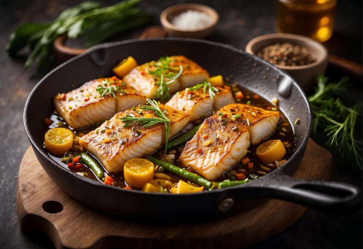 A sizzling hot pan with golden-brown cod fish fillets, surrounded by aromatic Chinese spices and herbs