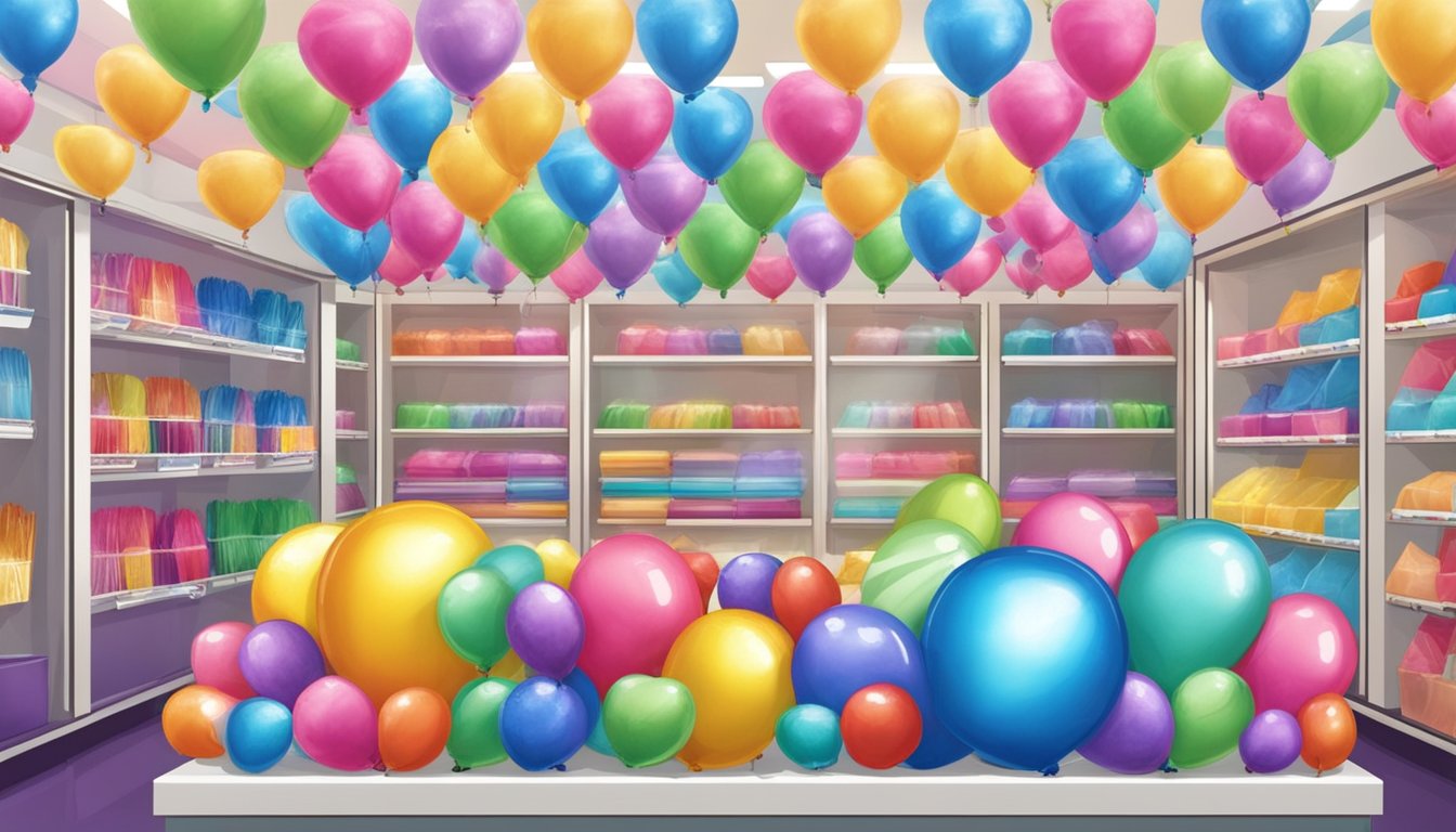 A colorful display of foil balloons in a Singapore store, with a sign indicating "Frequently Asked Questions: where to buy foil balloons in Singapore."