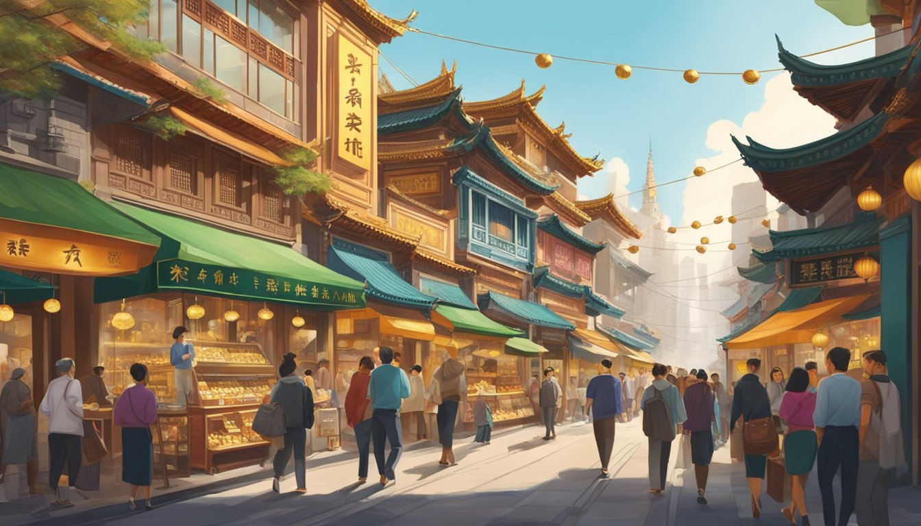 A bustling Chinatown street with vibrant shops and signs advertising gold investments. People browsing through jewelry stores and goldsmiths, with a sense of excitement and opportunity in the air