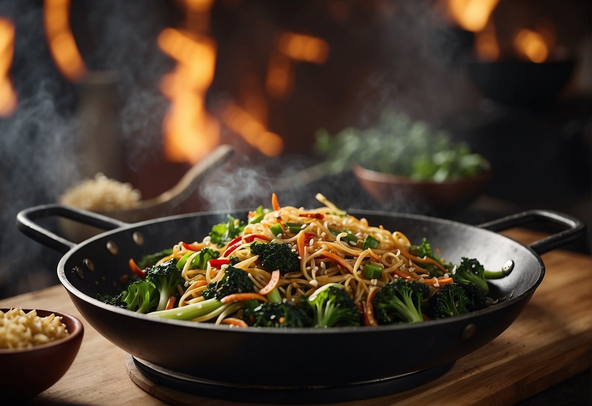 A wok sizzles with garlic and ginger as Chinese greens are stir-fried. Soy sauce, sesame oil, and chili flakes sit nearby