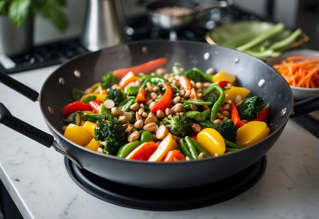 A wok sizzles with vibrant green Chinese greens, surrounded by colorful vegetables and aromatic spices on a clean, well-lit kitchen counter