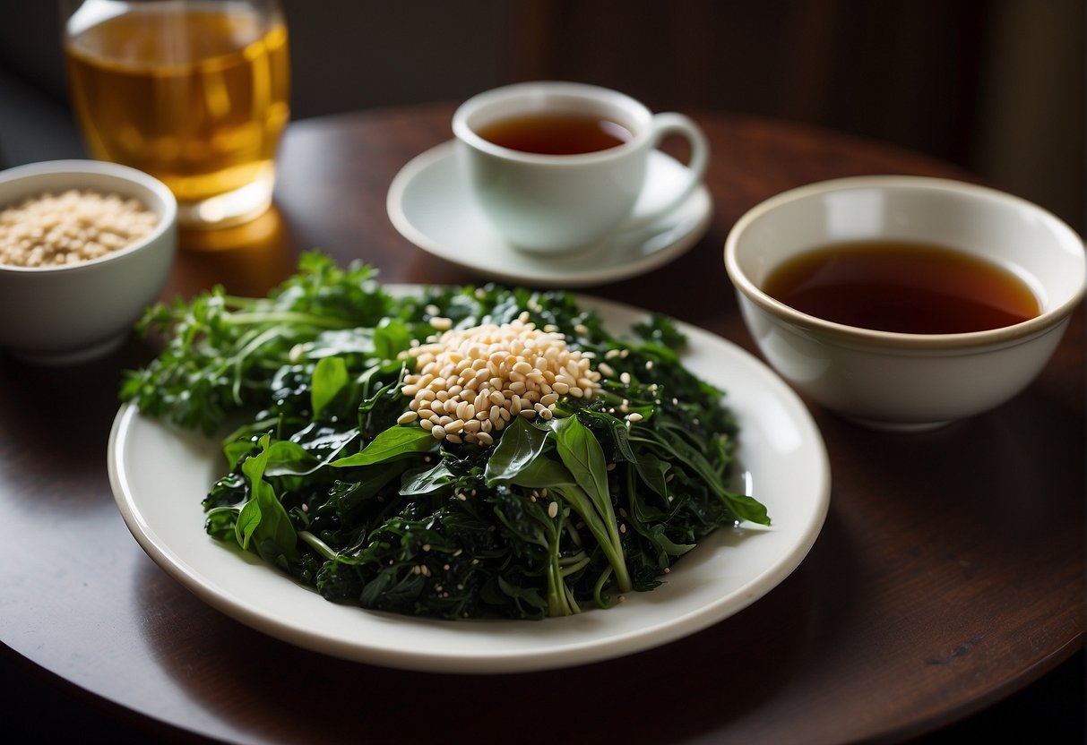A plate of steamed Chinese greens with a side of soy sauce and sesame seeds, accompanied by a pot of hot jasmine tea