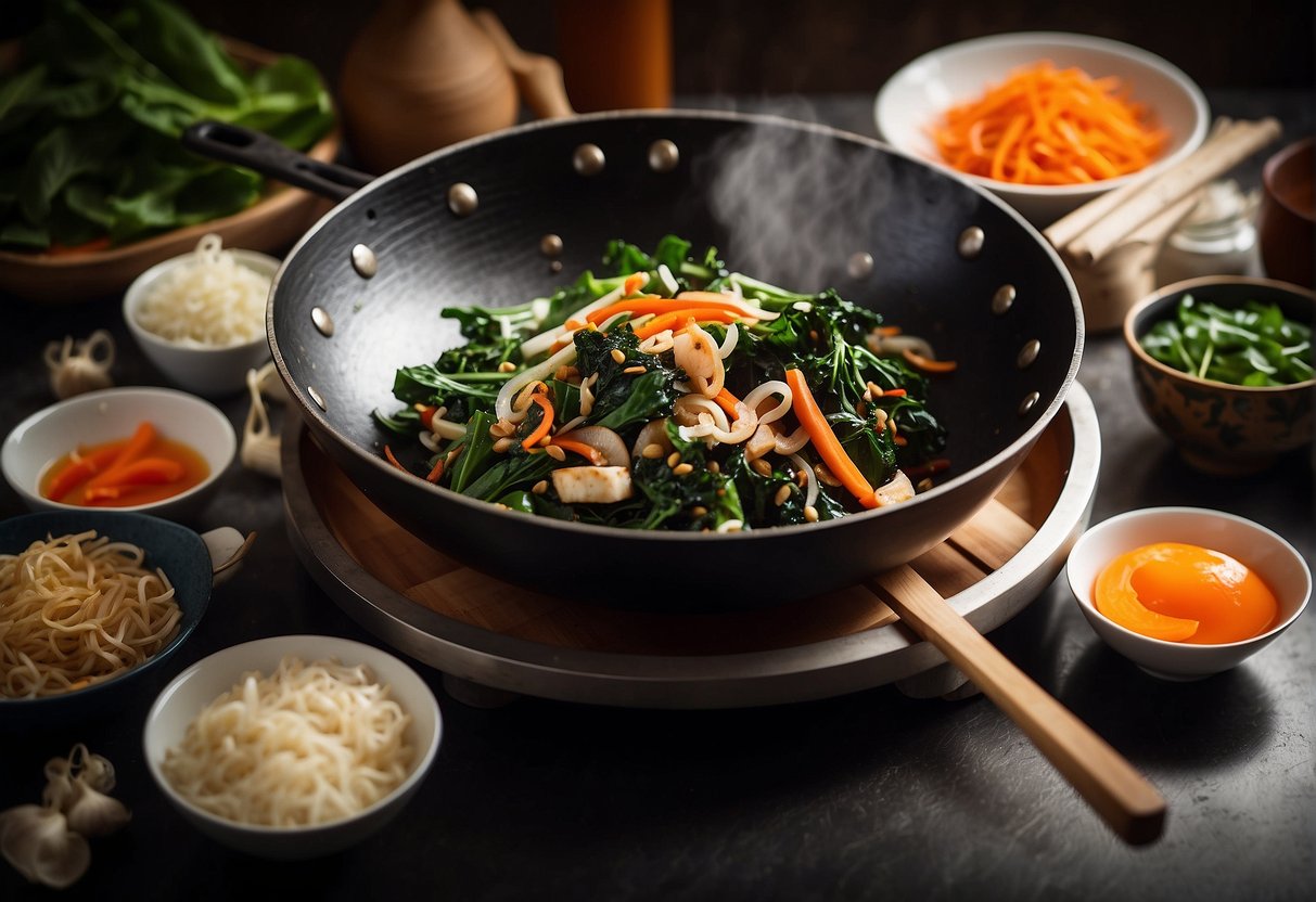 A wok sizzles with stir-fried Chinese greens, surrounded by scattered ingredients and a recipe book open to "Frequently Asked Questions."