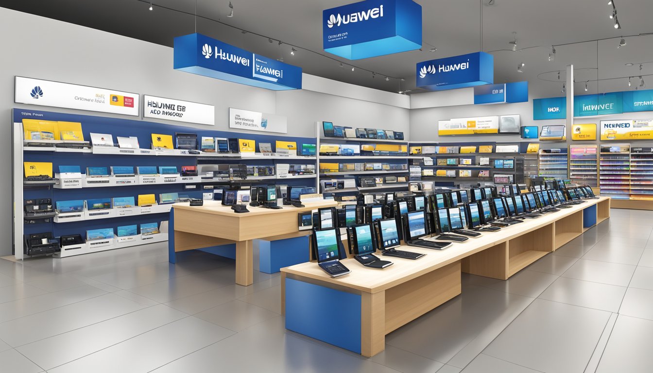 A display of Huawei phones at a Best Buy store, arranged neatly with price tags and promotional materials