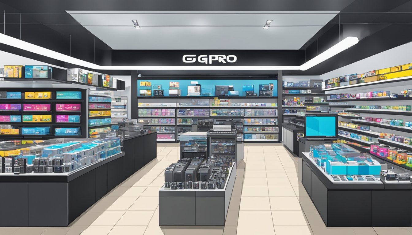 A bustling electronics store in Singapore displays the latest GoPro cameras and accessories on sleek shelves, with bright signage drawing in customers