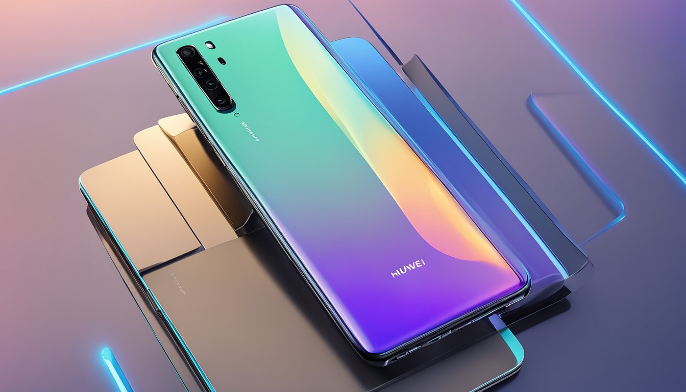 A sleek Huawei phone stands against a futuristic backdrop, symbolizing cutting-edge technology and innovation