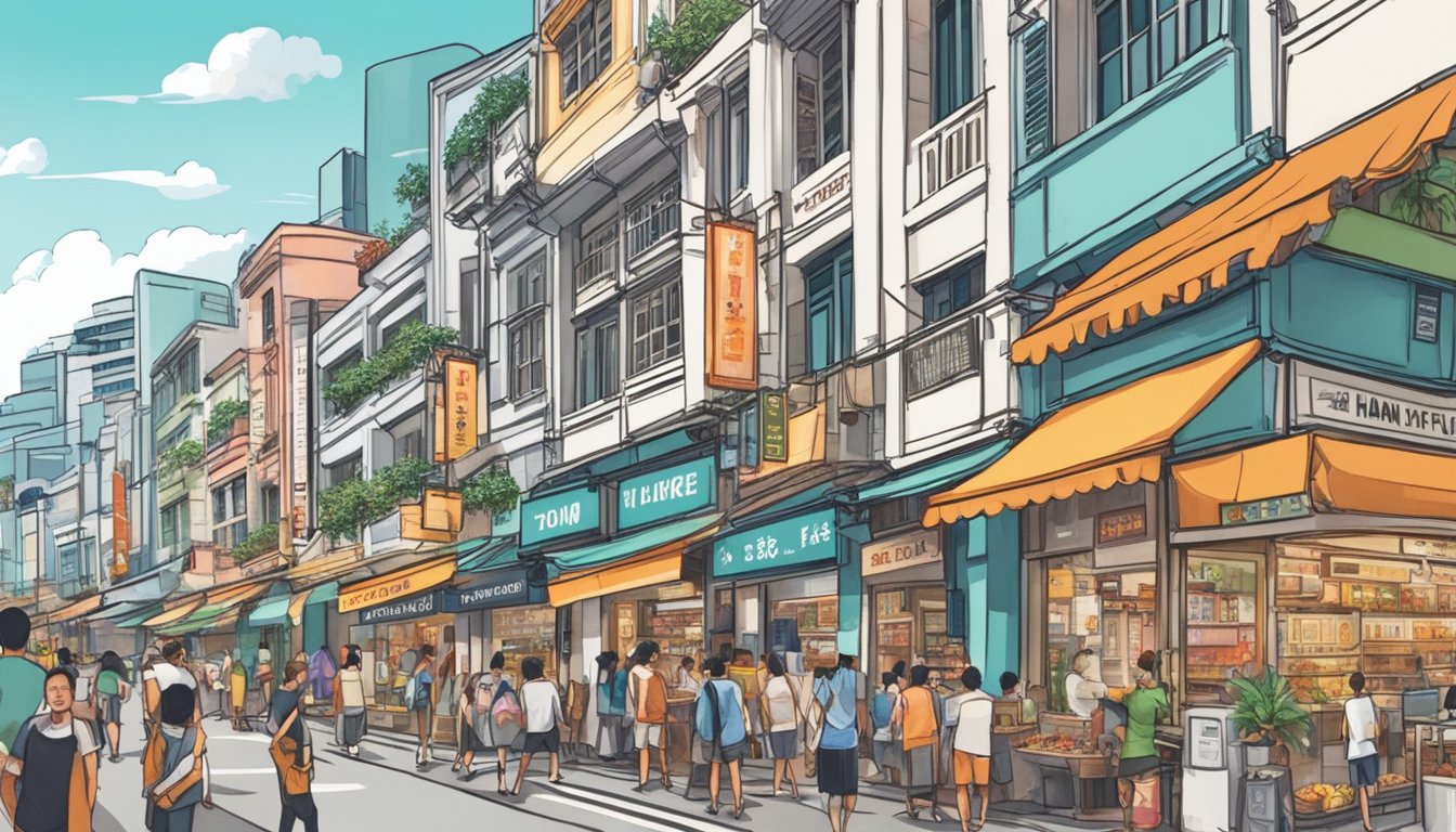 A bustling street in Singapore, with vibrant storefronts and signage. A prominent sign reads "Hanz de Fuko" in bold lettering, drawing in customers