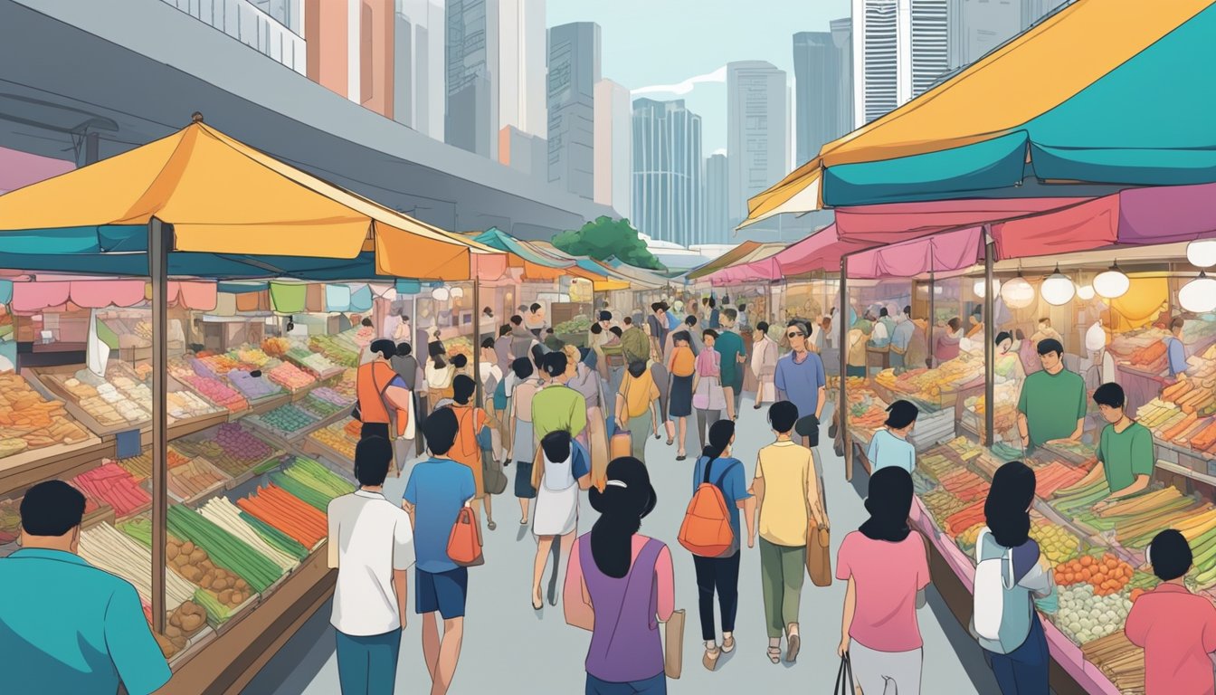A bustling Singapore market, with colorful stalls selling a variety of girdles. Shoppers browse through the selection, while vendors enthusiastically showcase their products