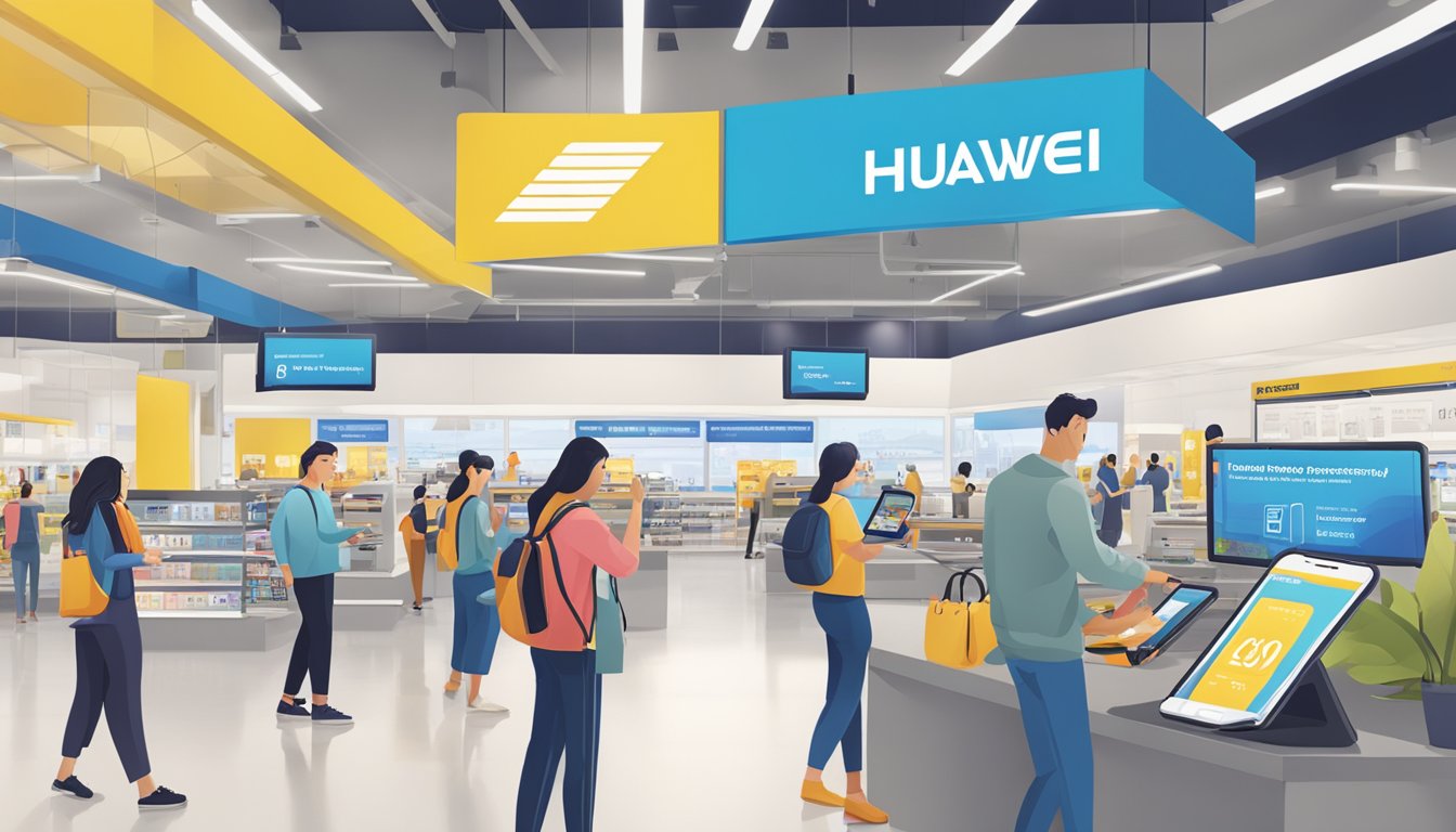 Customers browsing Huawei phones at Best Buy, with a banner displaying "Frequently Asked Questions" in the background
