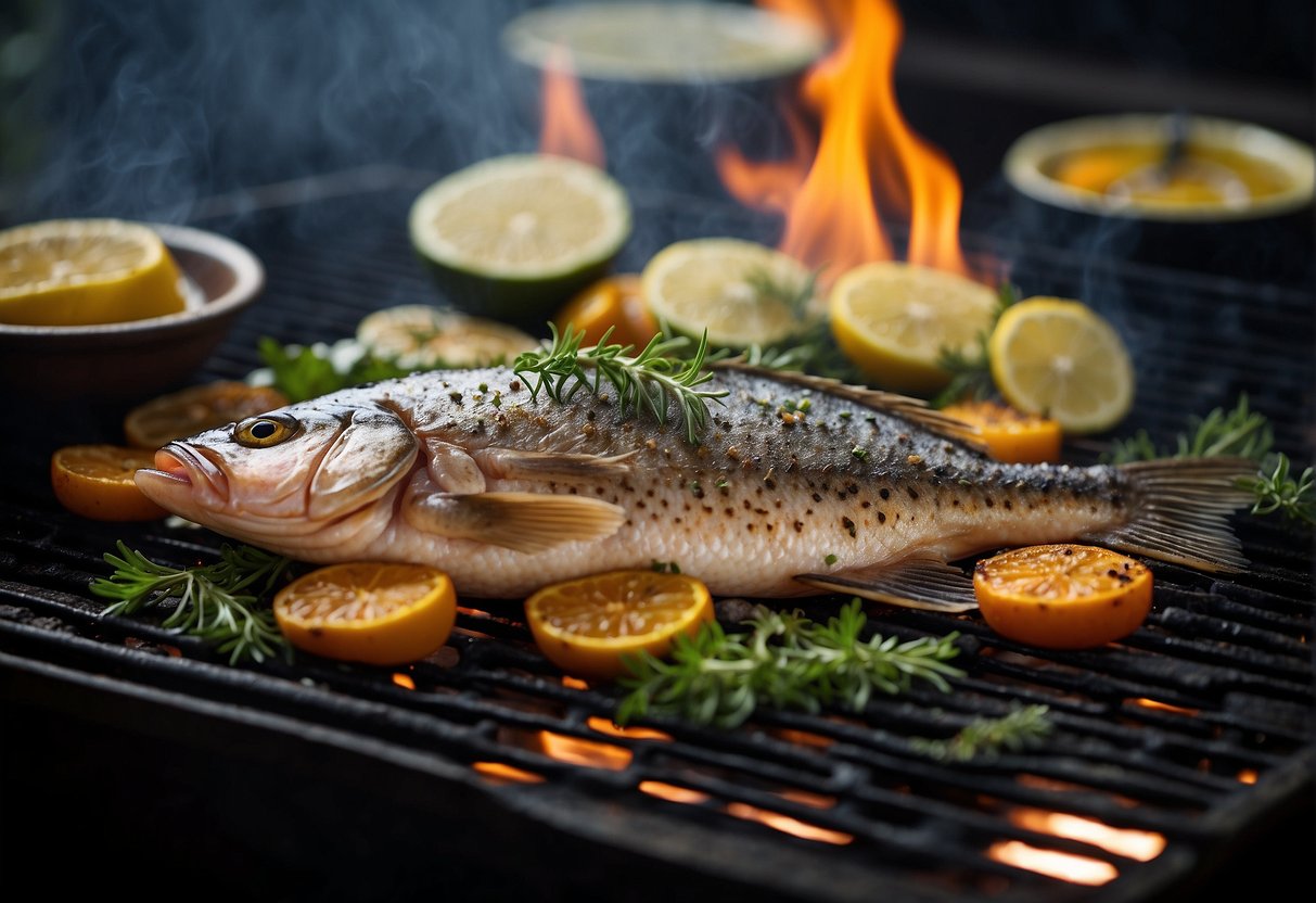 A whole fish sizzling on a grill, surrounded by aromatic herbs and spices, with a hint of smoke rising from the charred skin