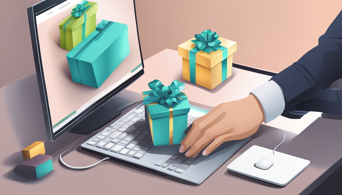 A hand hovers over a computer mouse, clicking on a beautifully wrapped gift box displayed on a computer screen. A variety of options and payment details are visible on the webpage