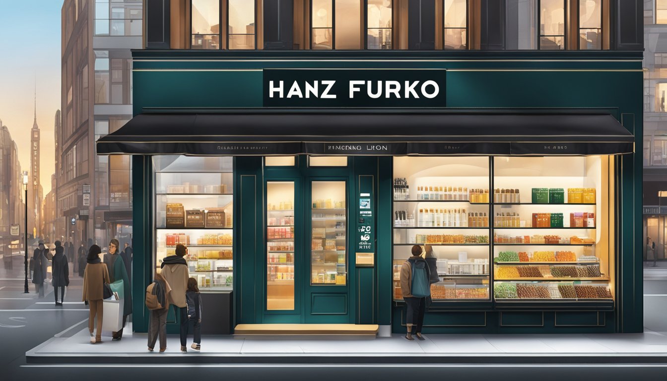 A modern, sleek storefront with bold signage displaying "Hanz de Fuko Products" in a bustling city setting. Bright lights and clean lines draw in customers
