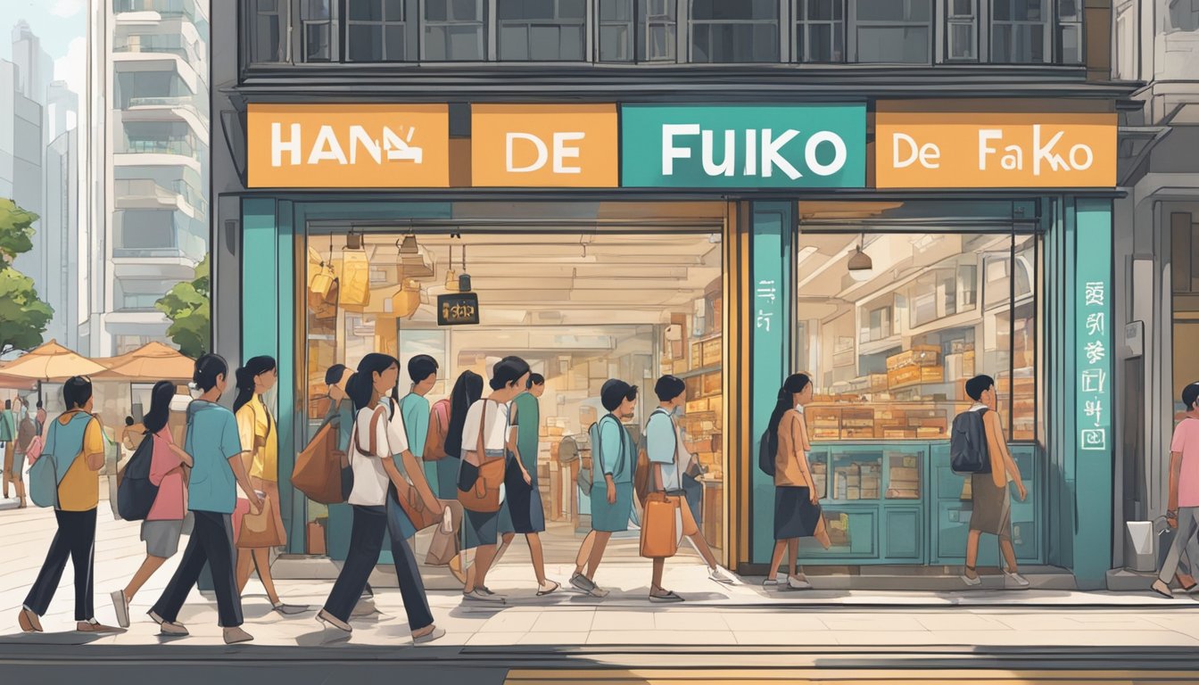 A bustling city street with bright storefronts and a clear sign reading "Hanz de Fuko" in Singapore. Pedestrians walk by, some glancing at the store