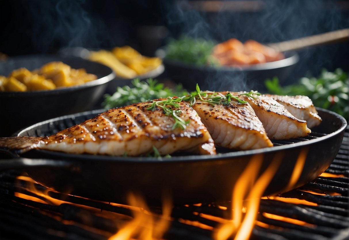A sizzling hot grill with a whole fish being basted in a savory Chinese marinade, surrounded by aromatic herbs and spices