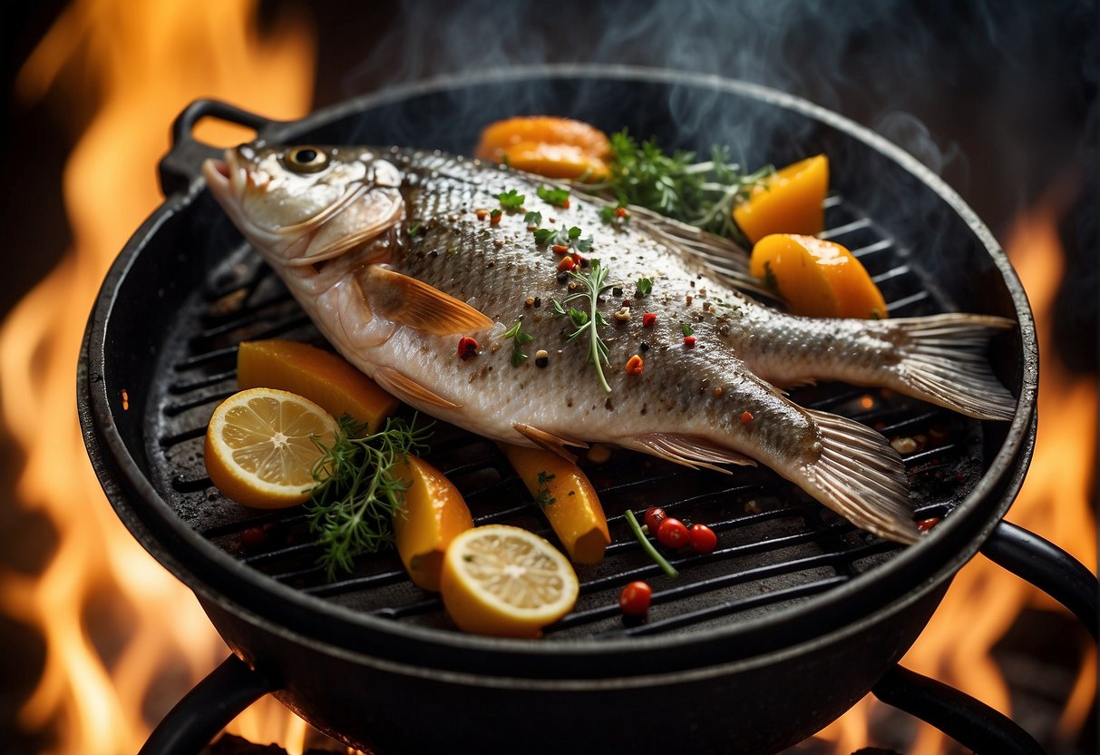 A whole fish sizzling on a grill, surrounded by aromatic spices and herbs, with smoke rising and flames licking the edges