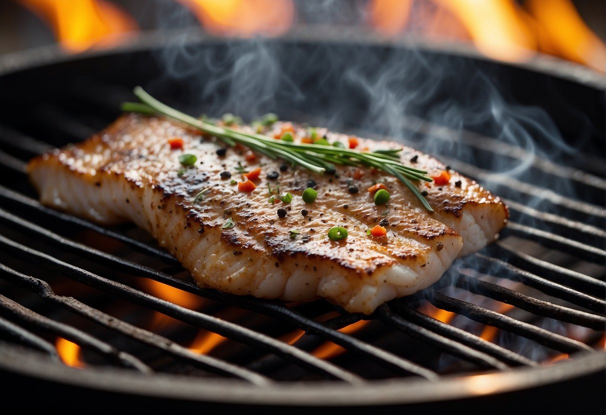 A sizzling fish fillet grilling on a hot barbecue, surrounded by aromatic Chinese spices and herbs, with a hint of smoke rising in the air