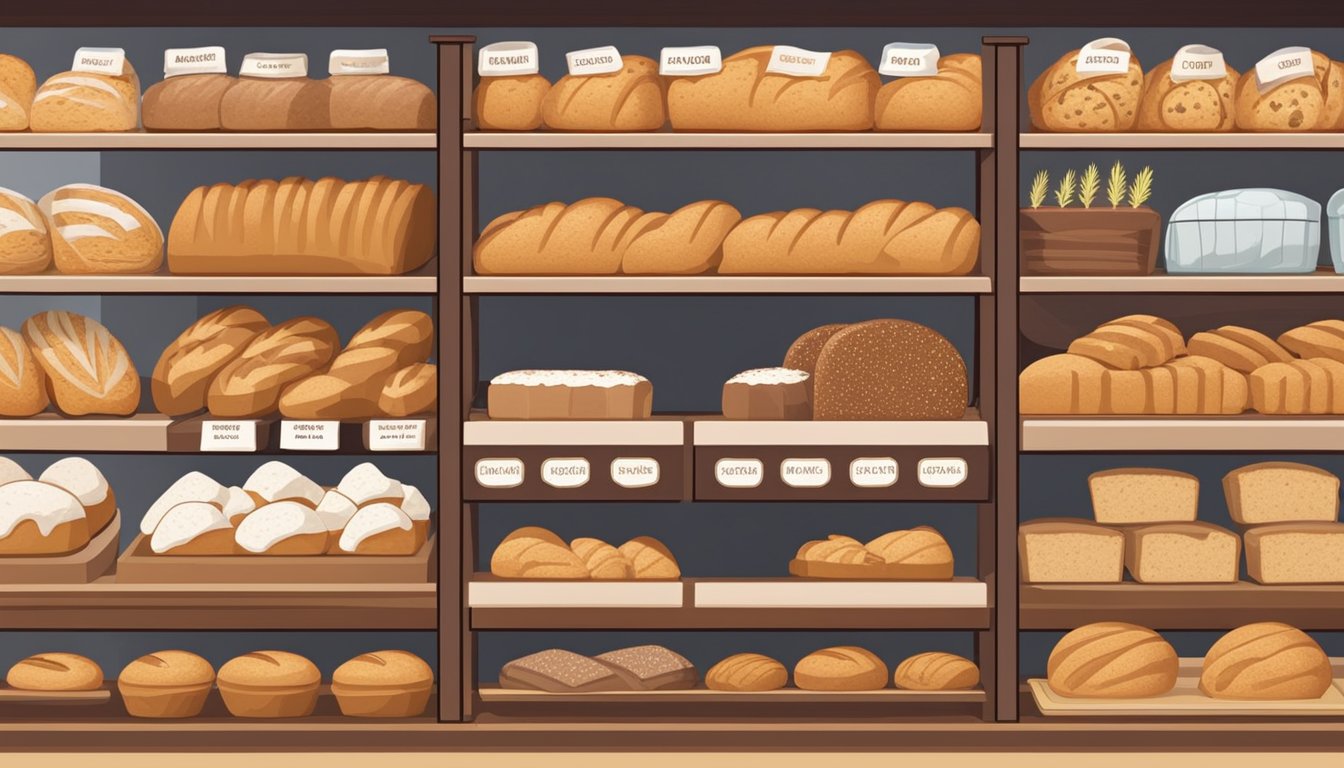 A bright and inviting bakery display showcases a variety of gluten-free bread options in Singapore. The shelves are neatly organized with different types of loaves and packages, clearly labeled for easy selection