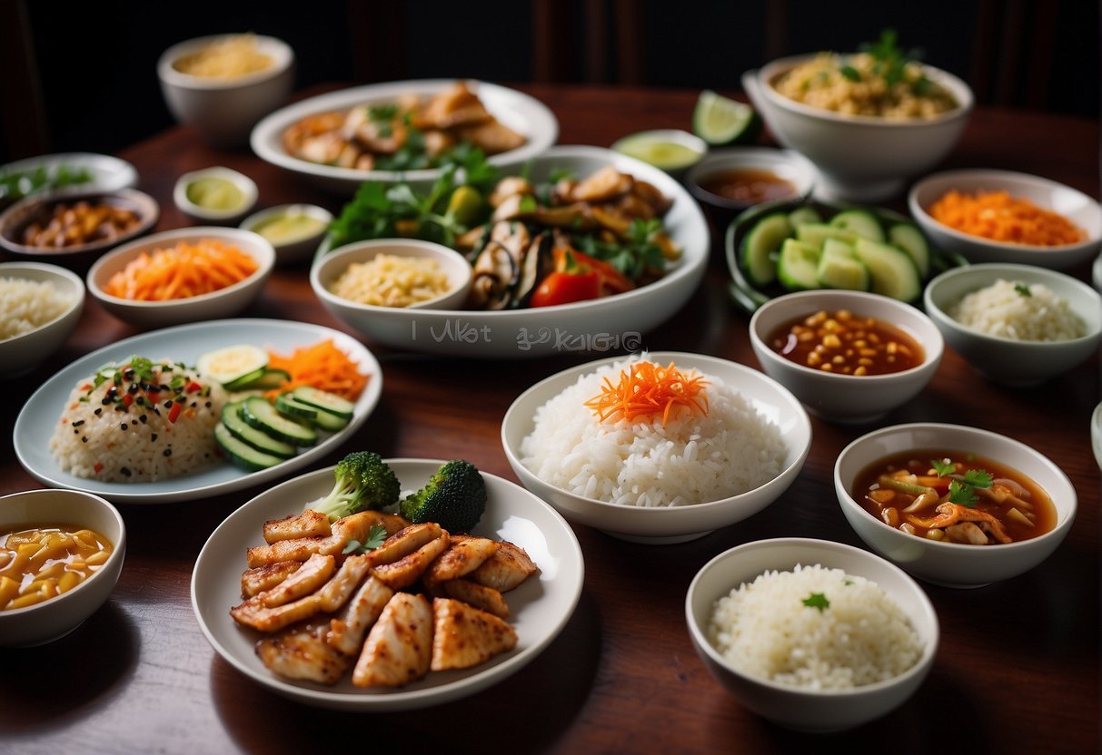 A table set with various side dishes and accompaniments for Chinese grilled fish. Plates of pickled vegetables, steamed rice, and dipping sauces