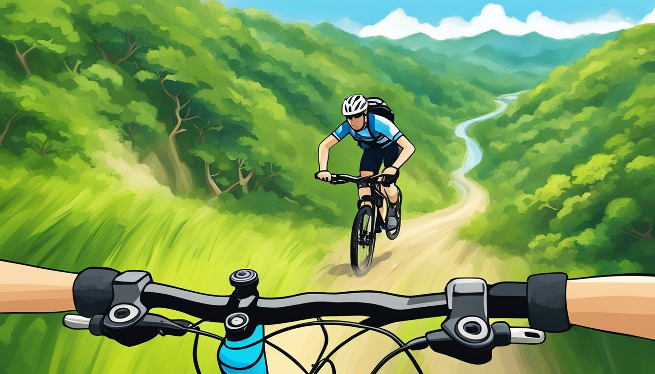 A GoPro camera mounted on a helmet captures a thrilling mountain biking adventure in Singapore. The rider zooms down a rugged trail, surrounded by lush greenery and a clear blue sky