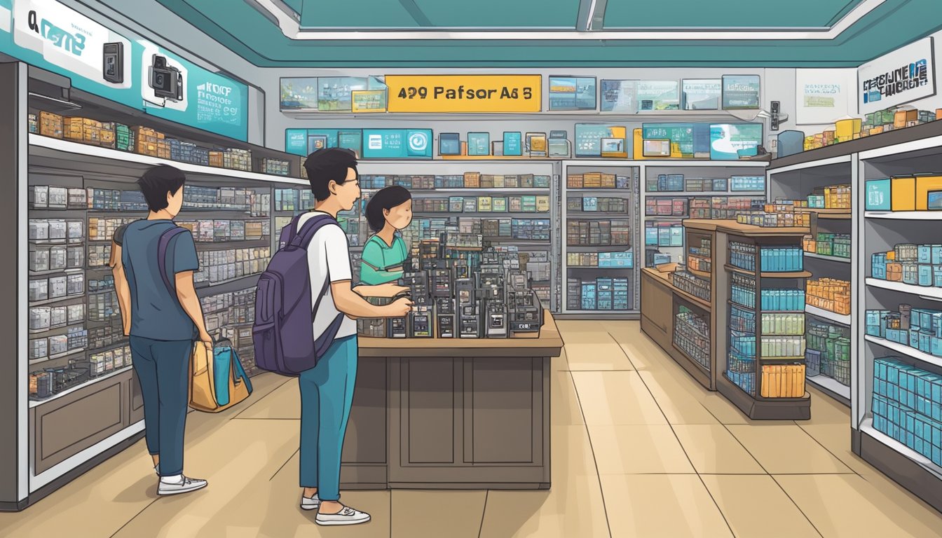 A bustling electronic store in Singapore showcases a display of GoPro cameras, with a sign reading "Frequently Asked Questions: where to buy GoPro in Singapore."