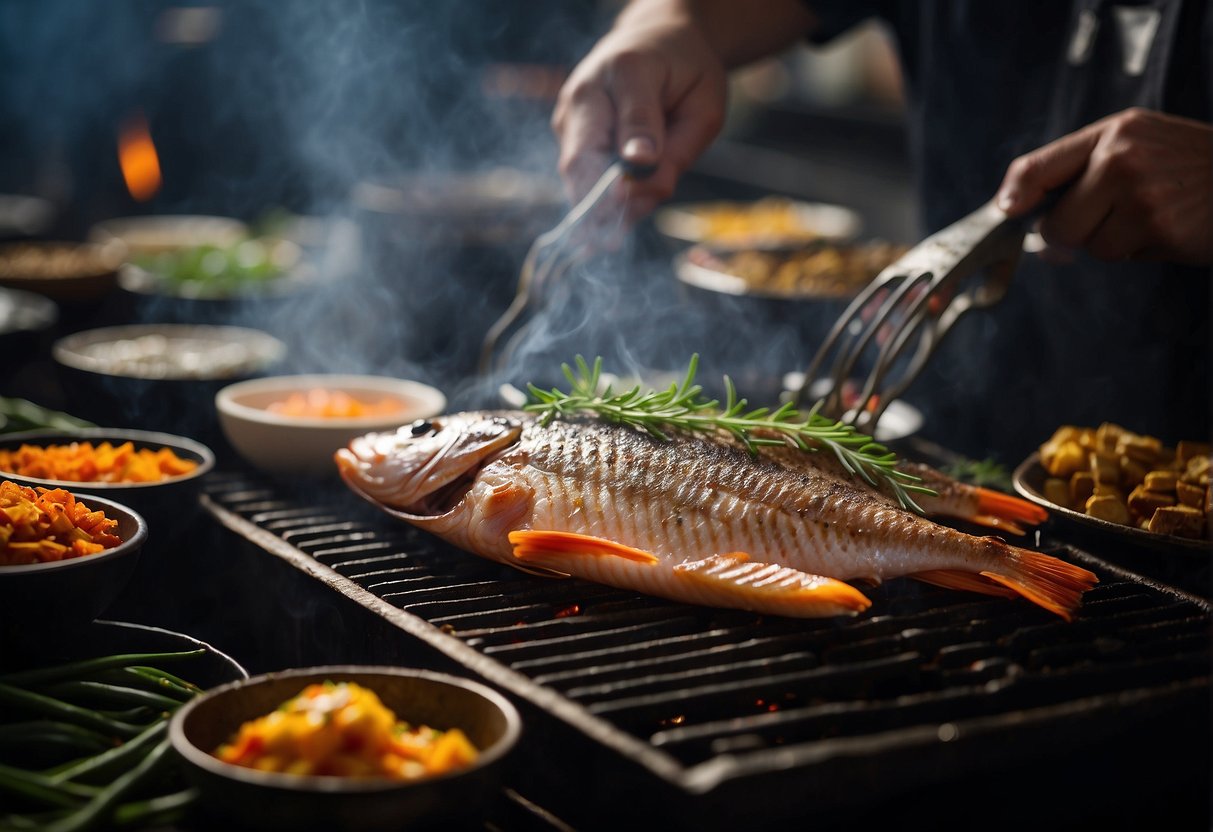 A sizzling hot grill cooks a whole fish, surrounded by aromatic Chinese spices and herbs, creating a mouthwatering aroma