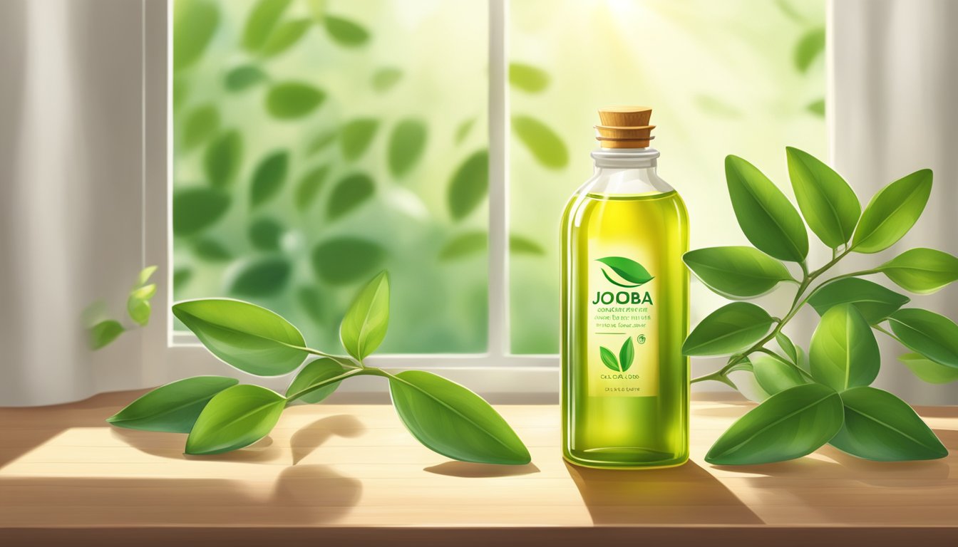 A clear bottle of jojoba oil sits on a wooden table, surrounded by green leaves and sunlight streaming through a window