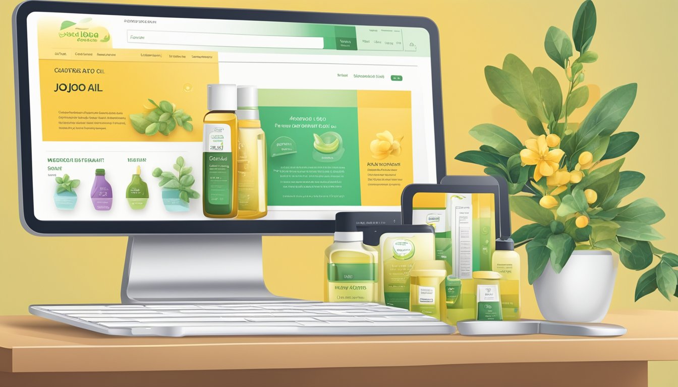 A computer screen displaying a website with various jojoba oil products. A cursor hovers over the "Add to Cart" button. Payment details are ready to be entered