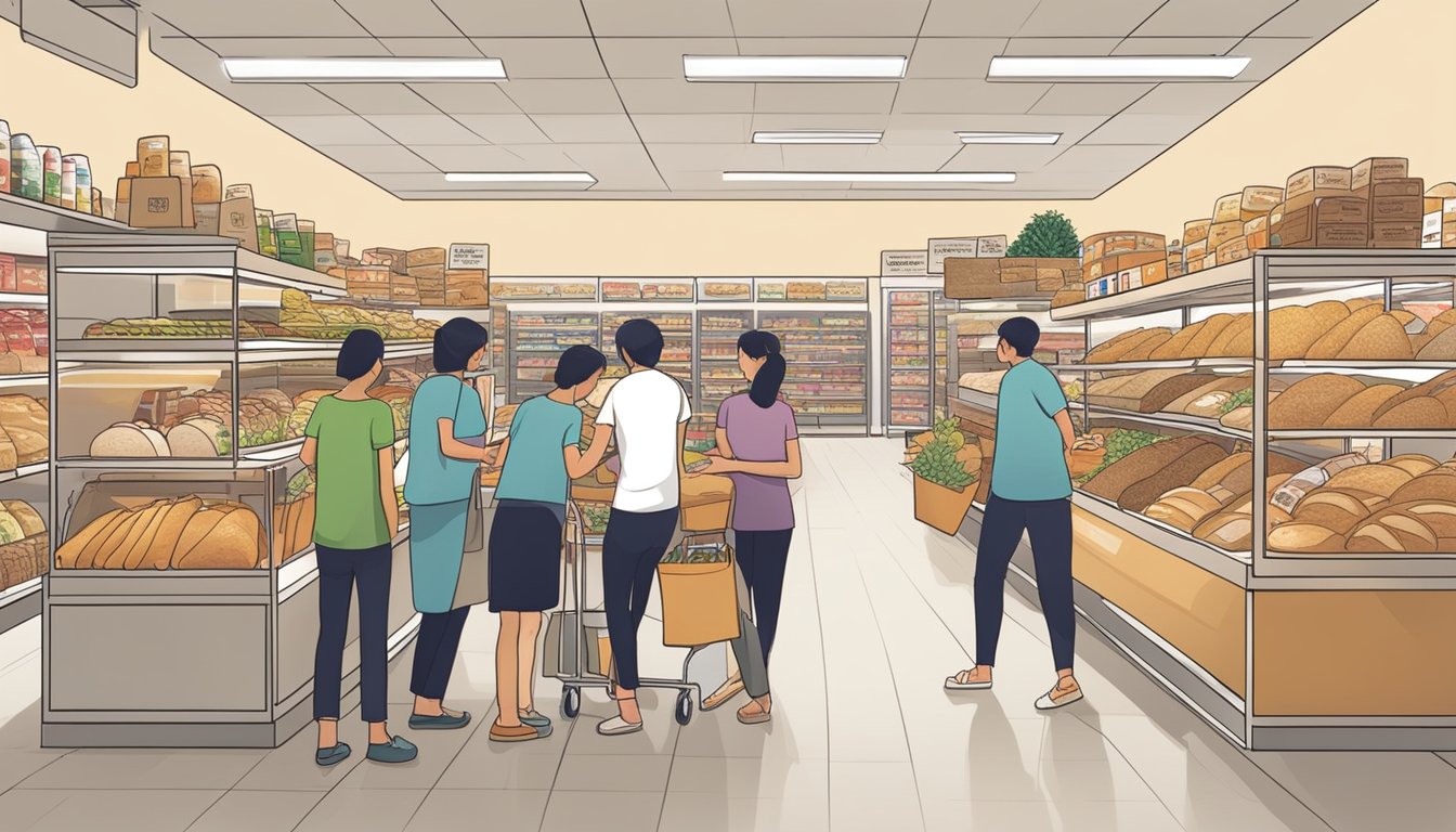 A bustling grocery store with shelves stocked with various gluten-free bread options in Singapore. Customers browsing and asking staff for recommendations