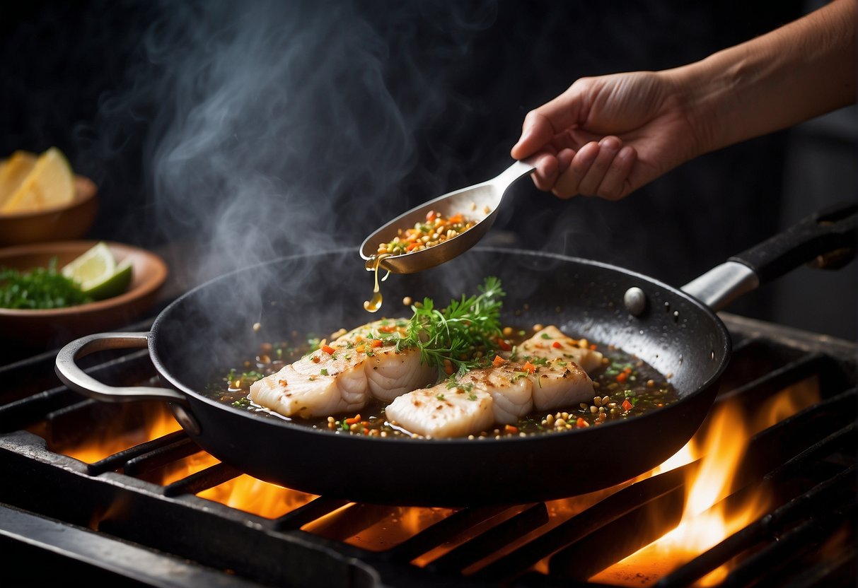 Cod fish sizzling in a hot pan with Chinese seasonings and herbs. The fish is being flipped and cooked until golden brown