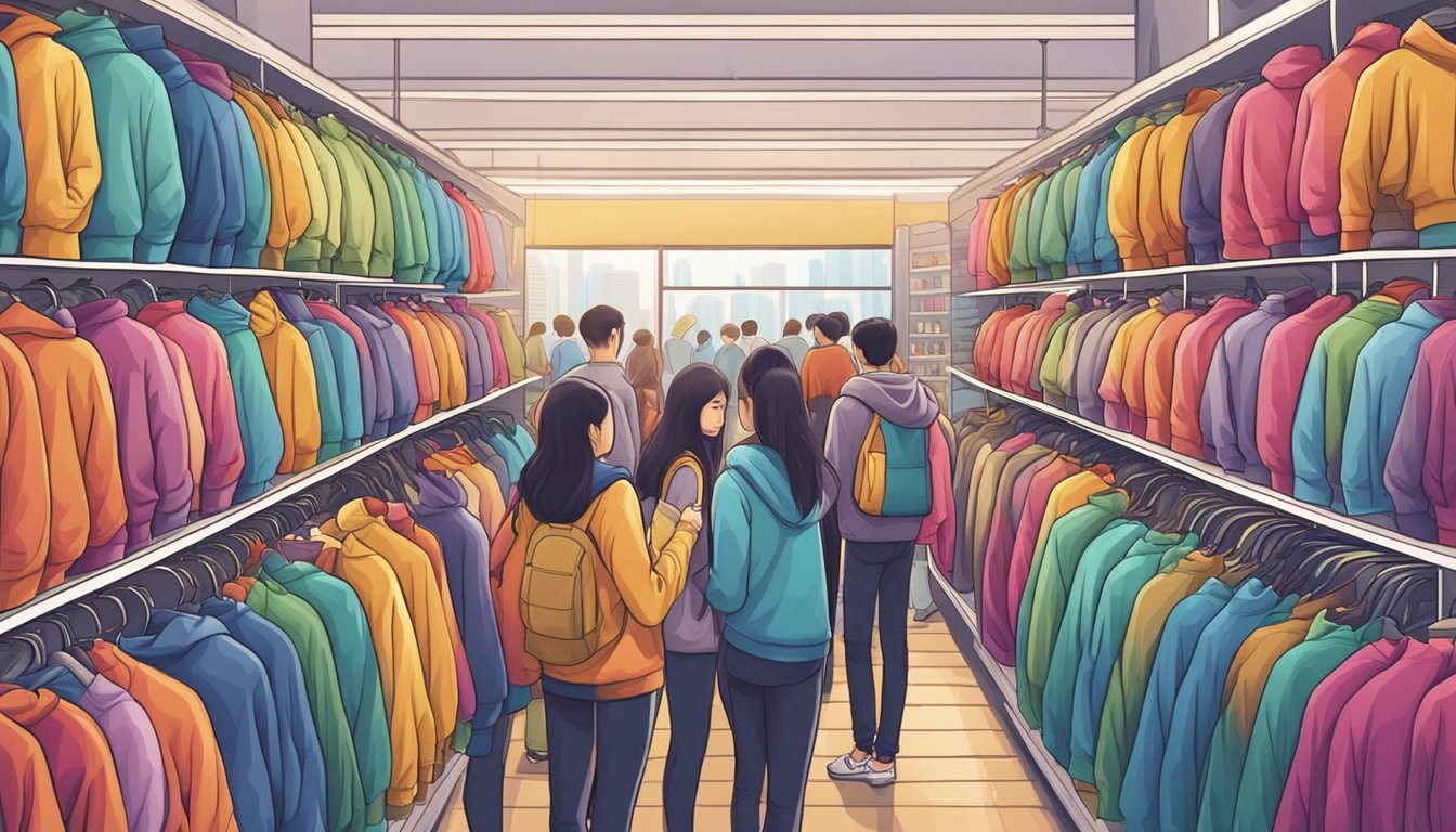 People browsing racks of colorful hoodies in trendy Singapore shops