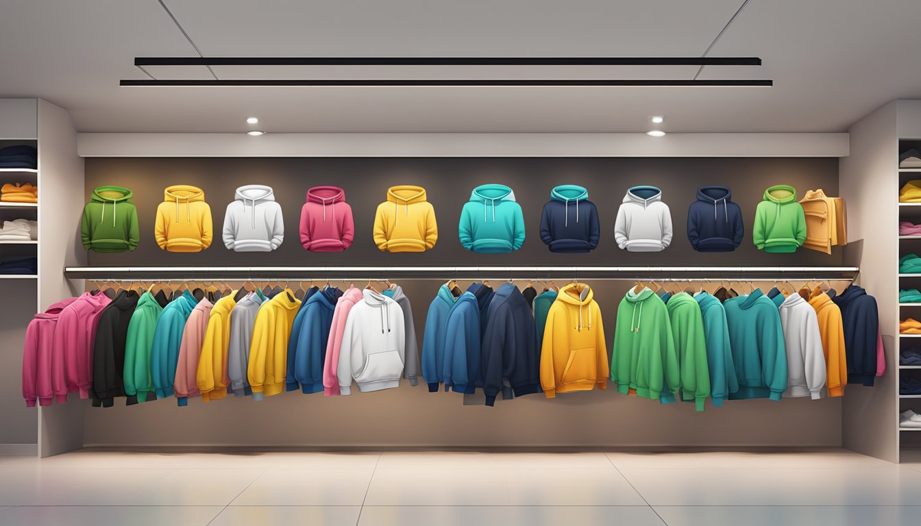 A display of colorful hoodies in a trendy Singapore boutique, with various styles and designs to choose from