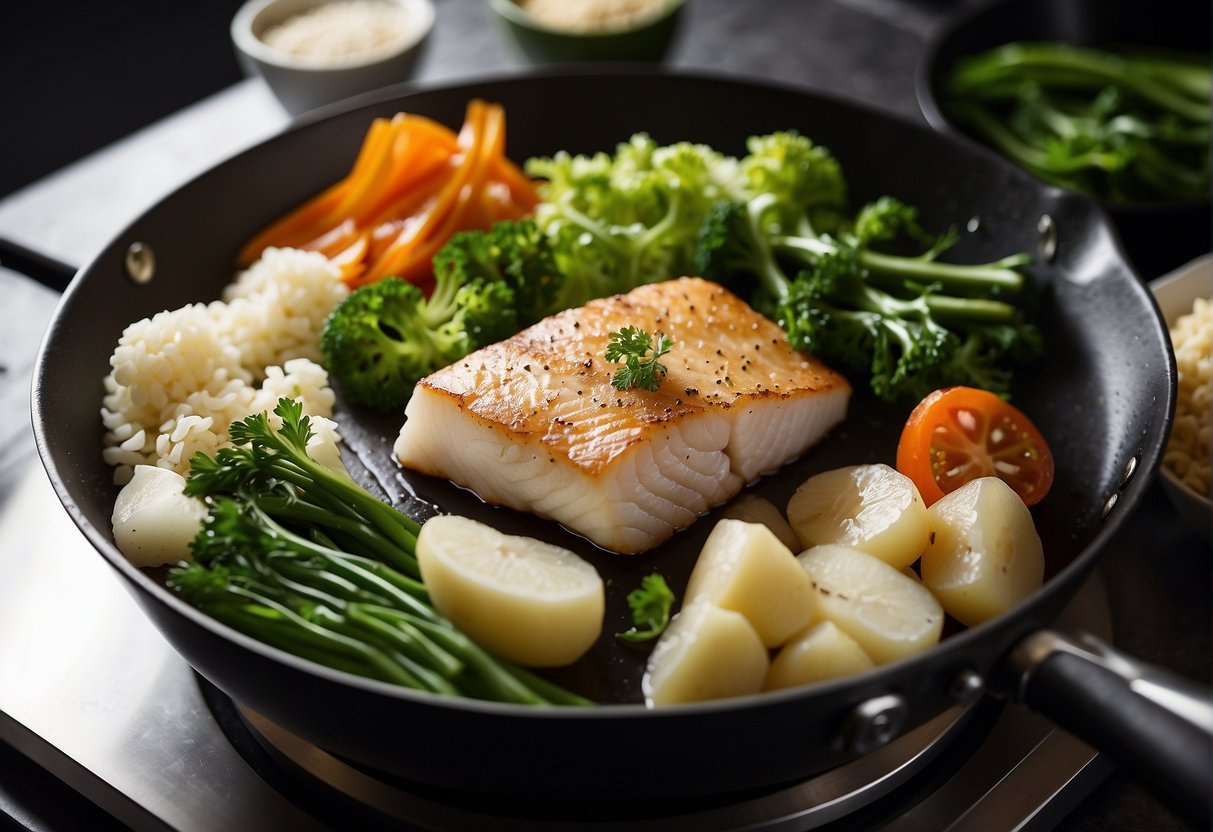 A hand reaches for a fresh cod fillet, surrounded by Chinese cooking ingredients and a pan on a stovetop