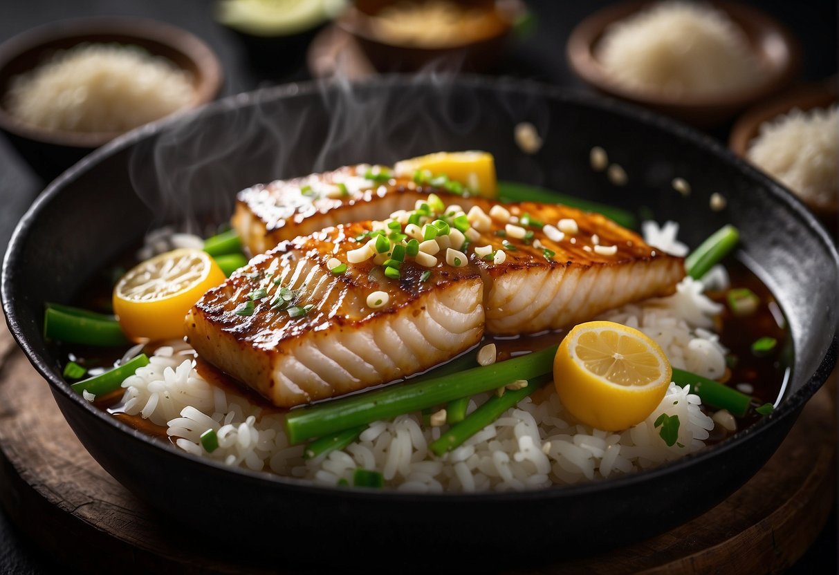 Cod fish sizzling in a hot pan with garlic, ginger, and soy sauce. Bowls of sesame oil, rice wine, and green onions nearby for substitutions