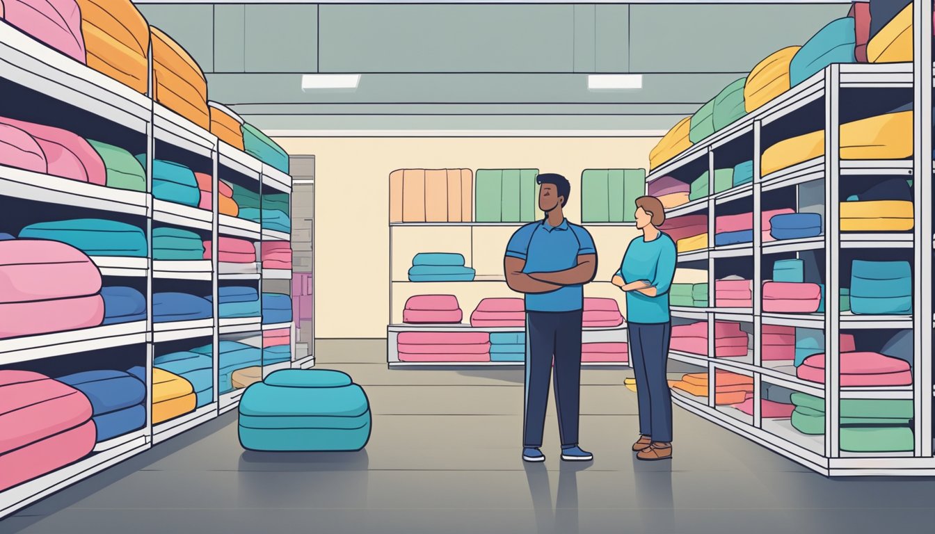 A person stands in a store, comparing different inflatable mattresses. Shelves are filled with various options, and a salesperson assists nearby customers