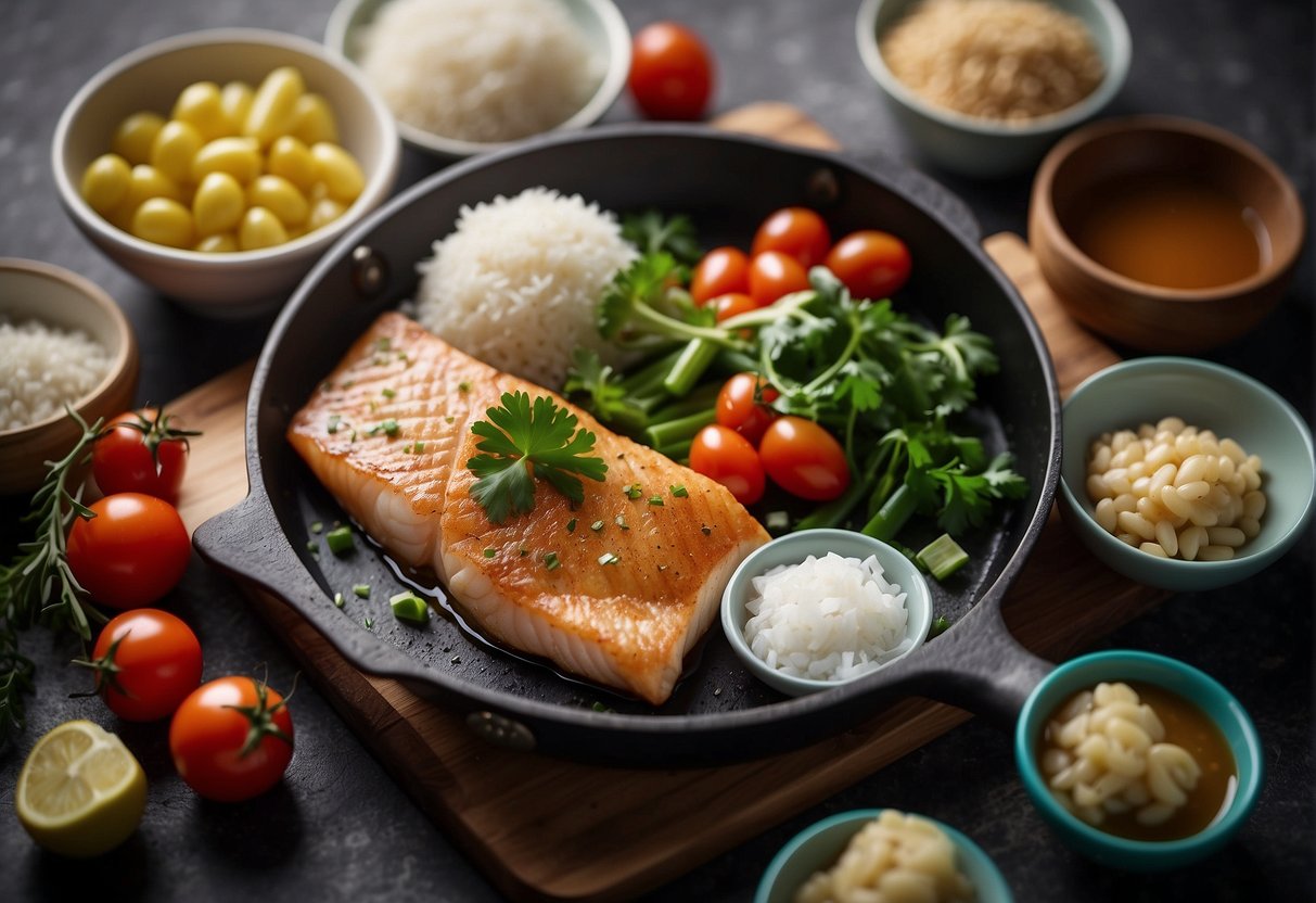 A clean kitchen counter with ingredients and utensils laid out for pan frying cod fish in a Chinese recipe